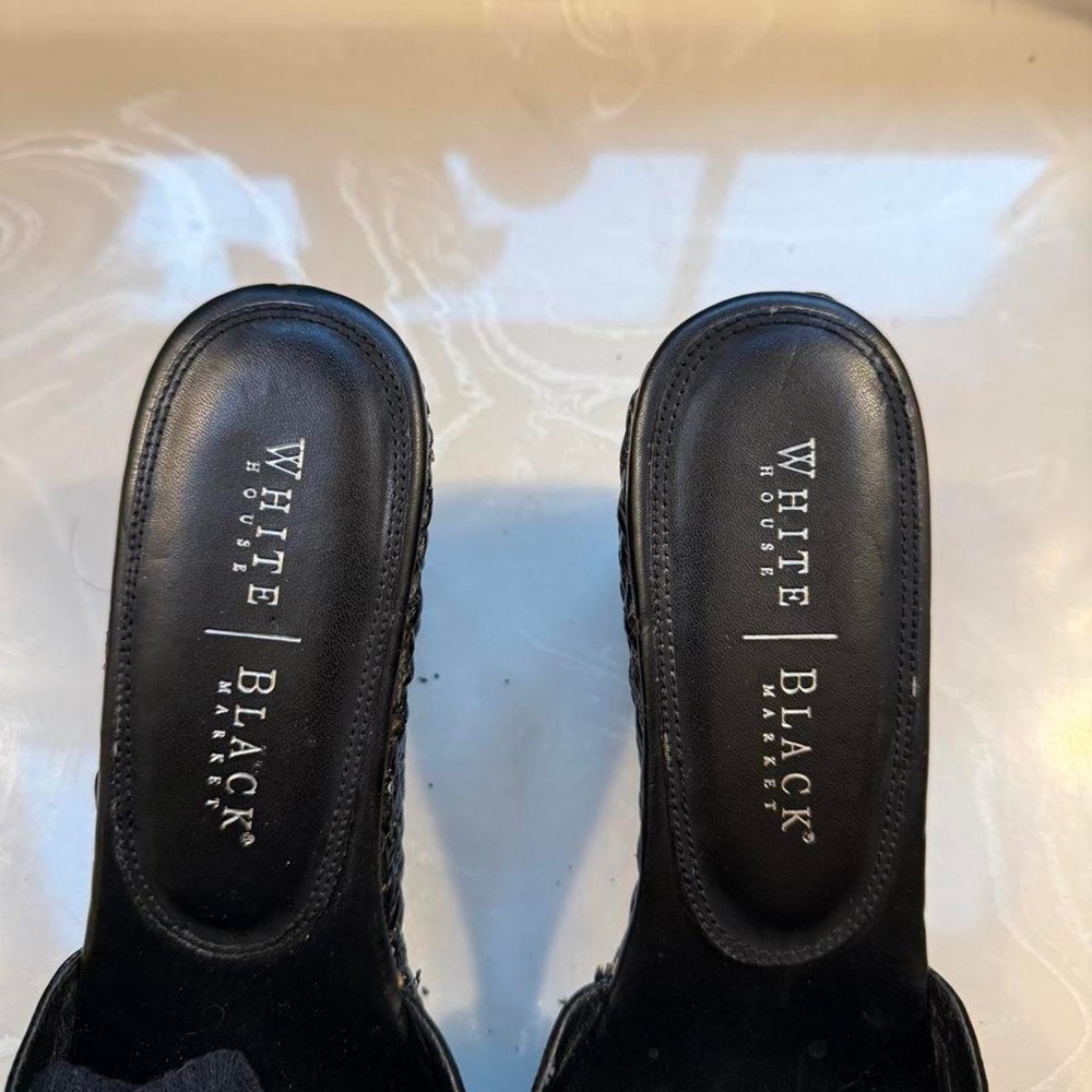 White House Black Market Black Patent Leather Woven Wicker Slide Wedge Sandals - Picture 4 of 7